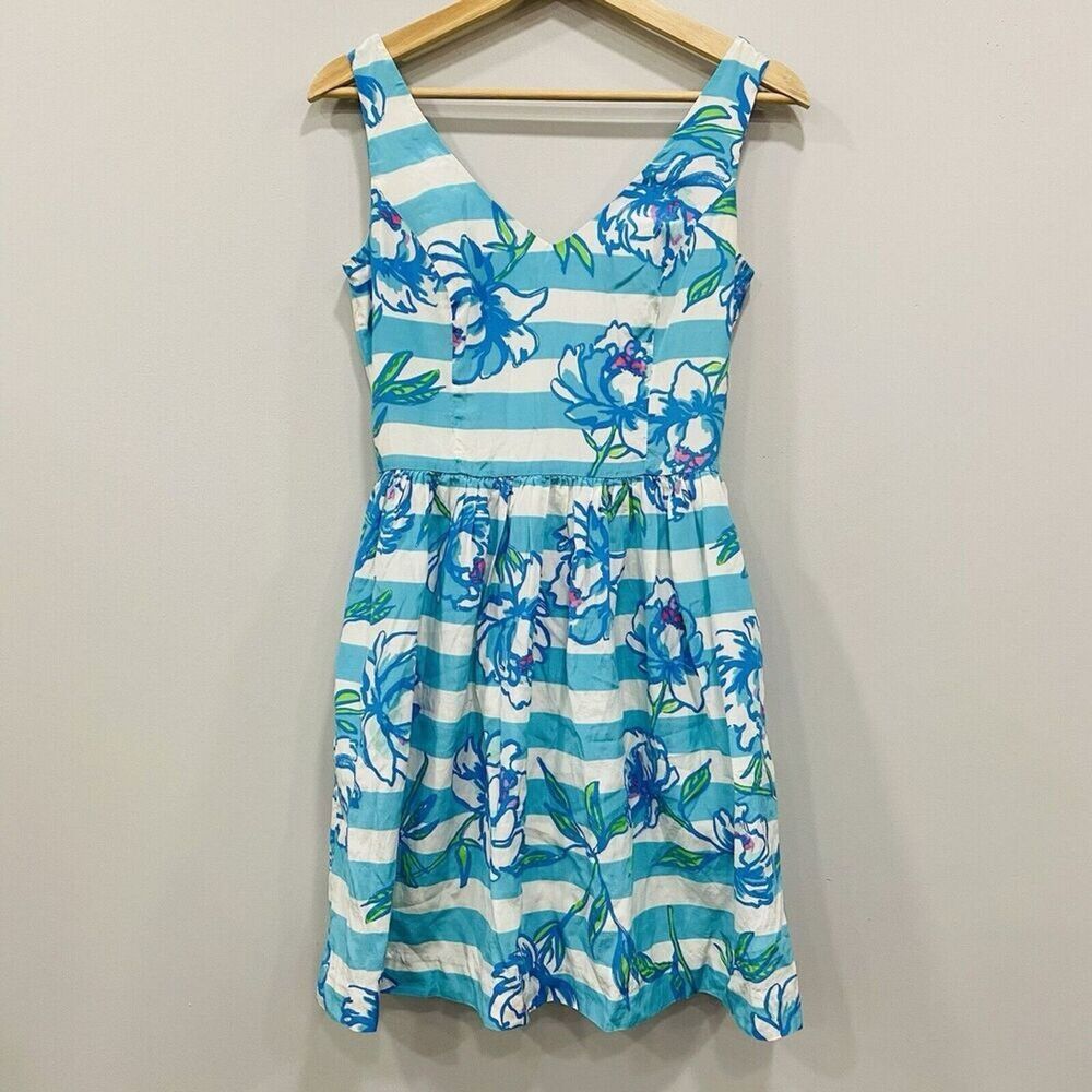 LILLY PULITZER 0 Blue Roswell Fit Flare A-Line Dress Stripe Floral Silk Resort*